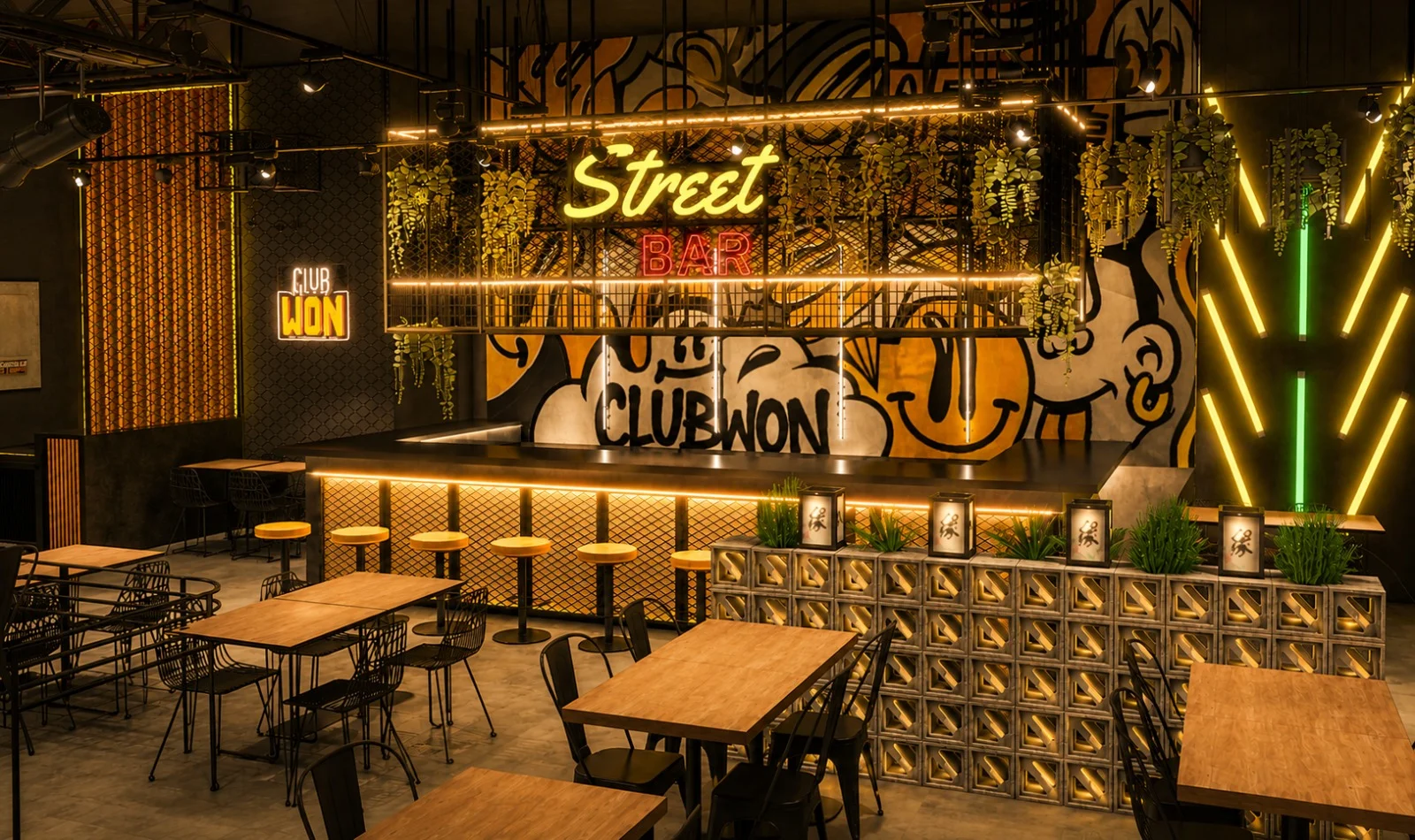 Arquitectura gastronómica de Club Won Street Bar con barra, vegetación e iluminación de marca