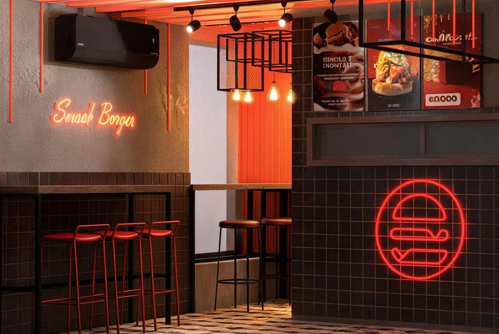 Diseño de barra para Smash Burger con iluminación roja y arquitectura interior gastronómica