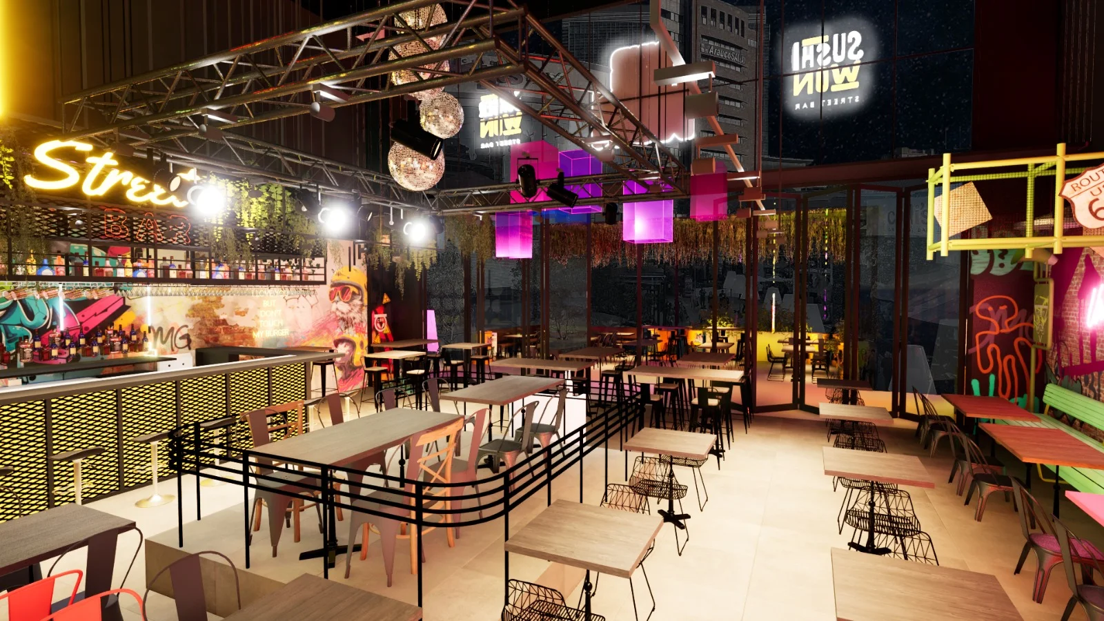 Diseño interior del salón principal de Club Won con distribución de mesas e iluminación escénica