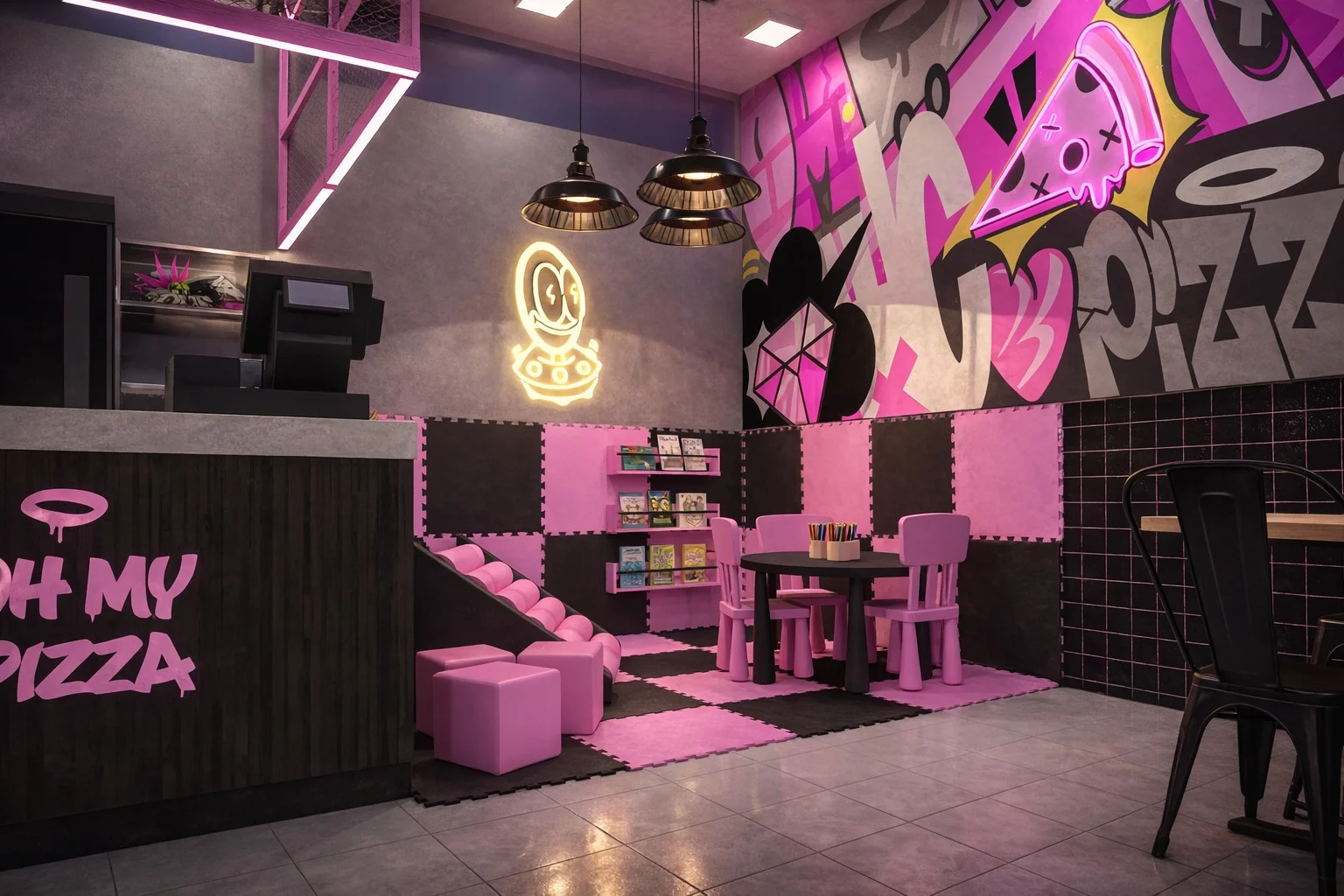 Diseño interior de Oh My Pizza con zona infantil, mural gráfico e iluminación decorativa