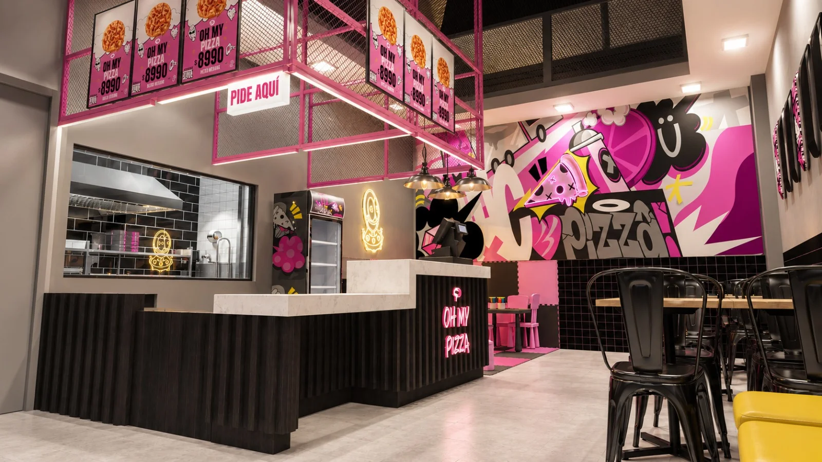 Arquitectura interior de Oh My Pizza con barra de atención, cocina visible e identidad gráfica