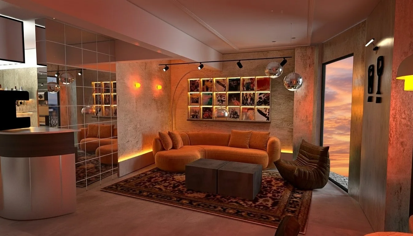 Diseño interior de restaurante con salón lounge, barra y ambientación cálida